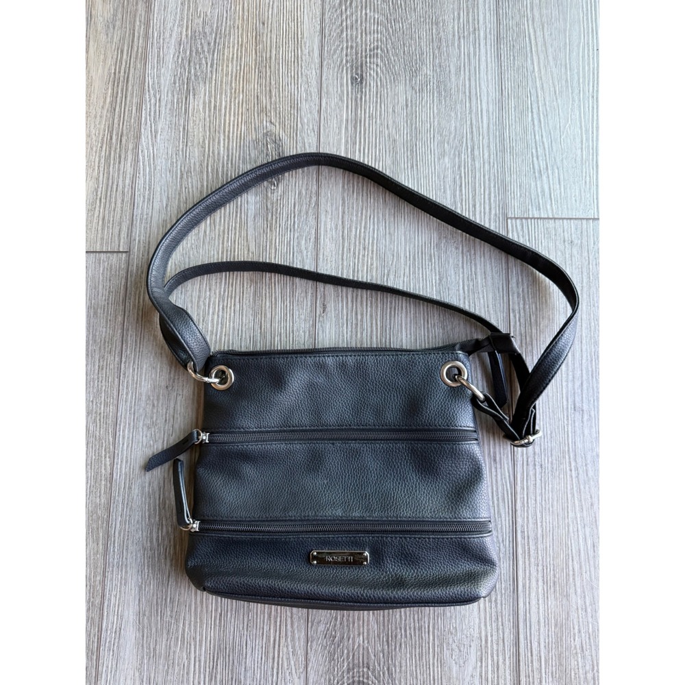 Rosetti Black Pebbled Triple Zip Crossbody Bag Silver Hardware Adjustable Strap
